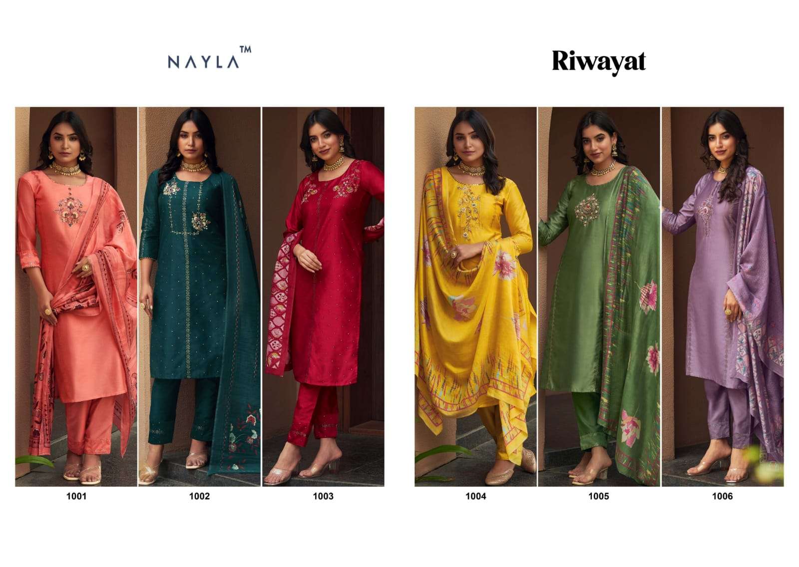 nayla by riwayat 1001-1006 series pure chanderi deaigner stich salwar kameez wholesale dealer surat 