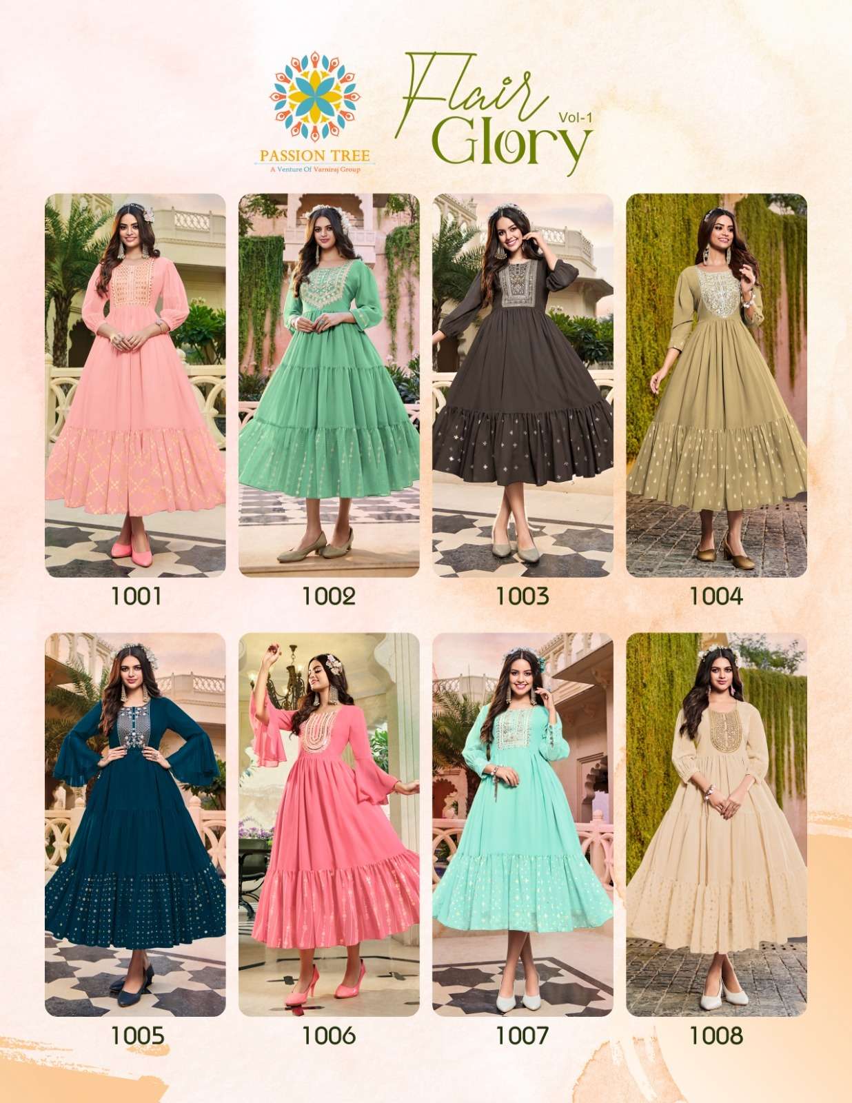 passion tree flair glory vol-1 1001-1008 series georgette fabric with fancy embroidery work fancy gown catalogue surat 