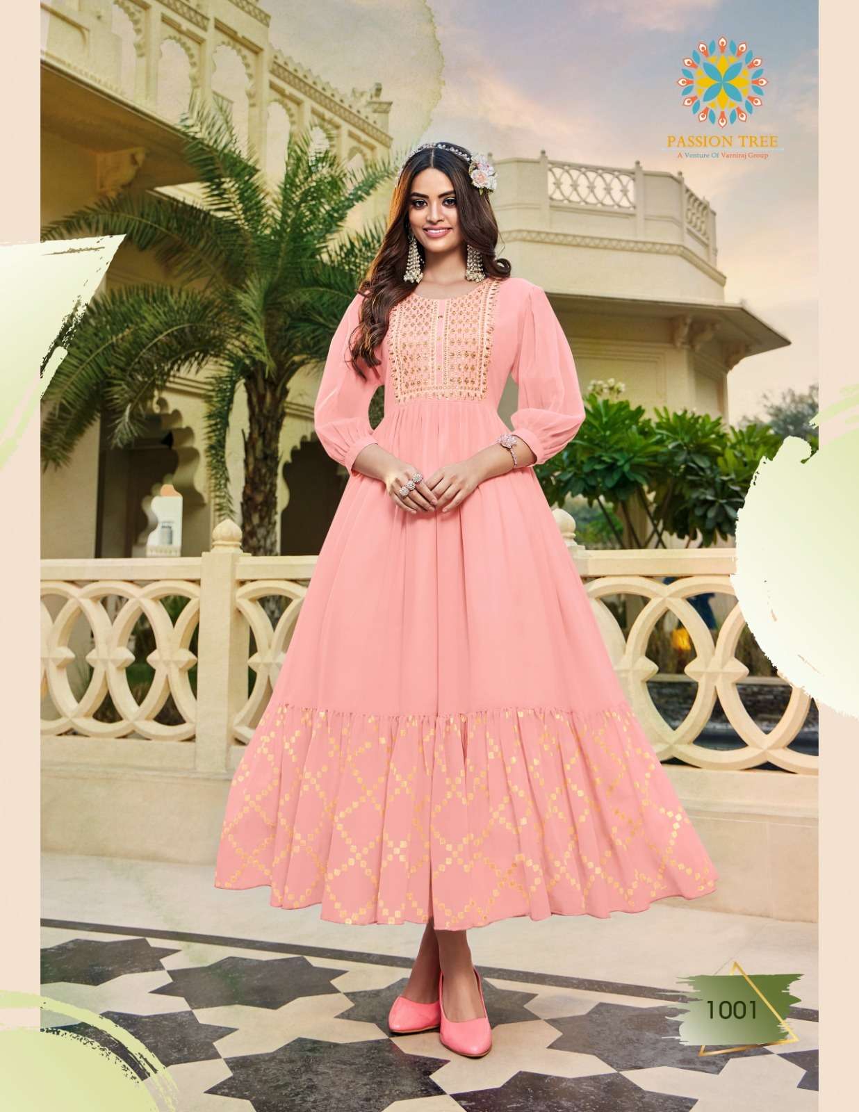 passion tree flair glory vol-1 1001-1008 series georgette fabric with fancy embroidery work fancy gown catalogue surat 