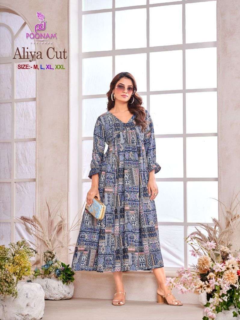 poonam designer aliya cut 1001-1004 series imported viscose printed rayon fabric aliya cut gown latest collection surat 