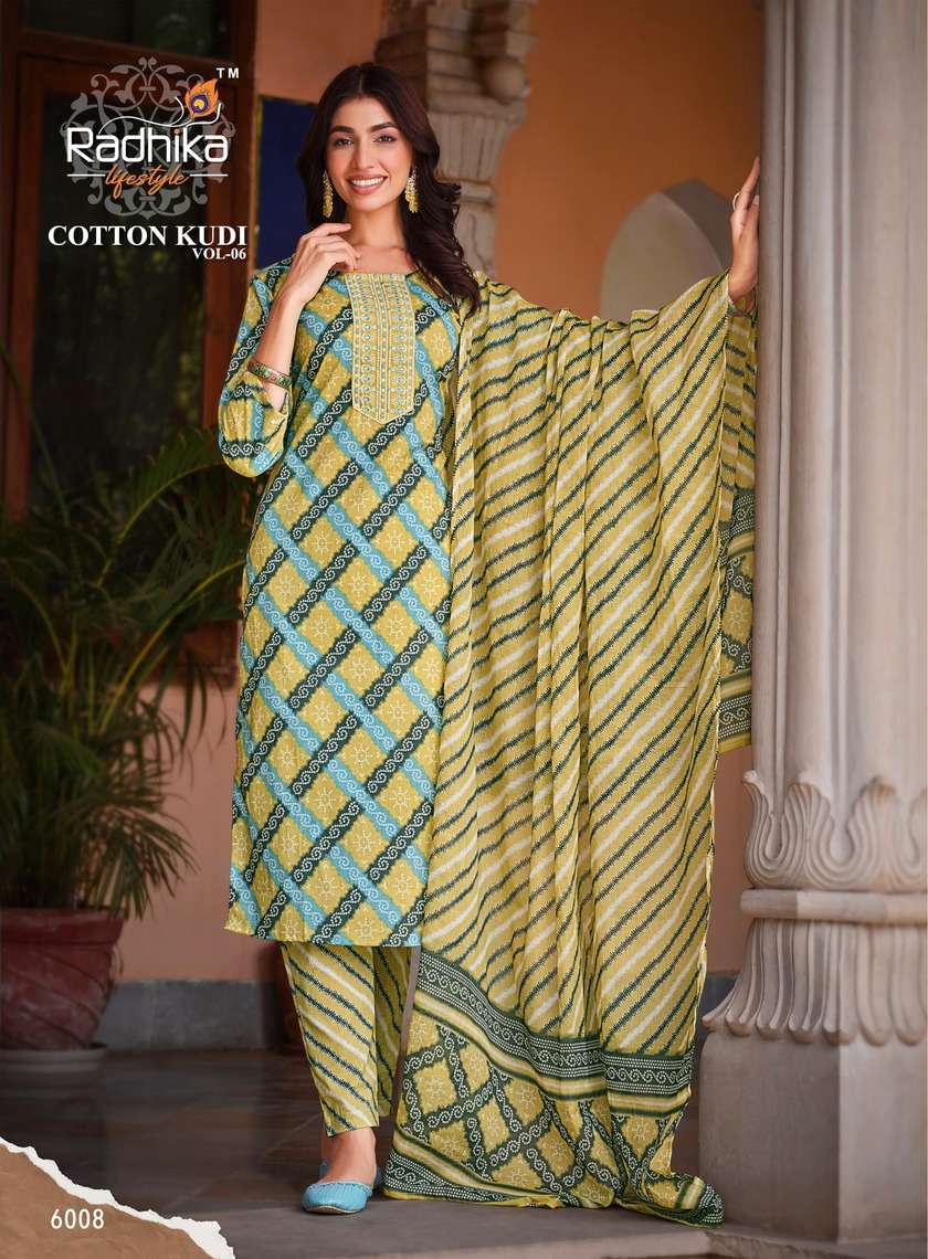 radhika lifestyle cotton kudi vol-6 6001-6008 series trendy designer kurti catalogue online supplier surat 