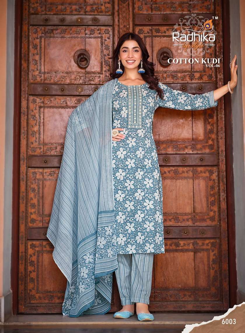radhika lifestyle cotton kudi vol-6 6001-6008 series trendy designer kurti catalogue online supplier surat 
