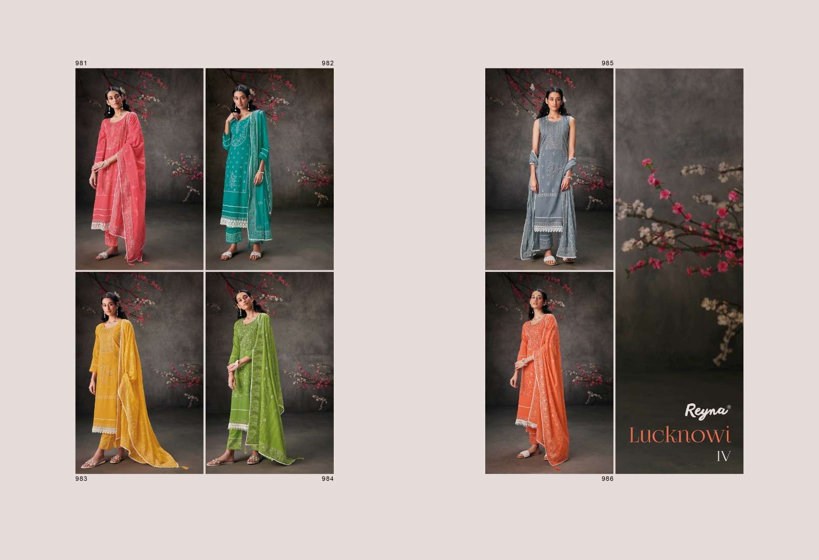 reyna lucknowi vol-4 981-986 series premium cotton designer dress catalogue collection 2023