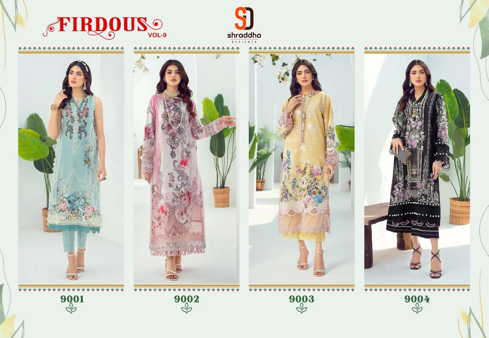 shraddha designer firdous vol-9 9001-9004 series pakistani salwar suits latest catalogue 2023