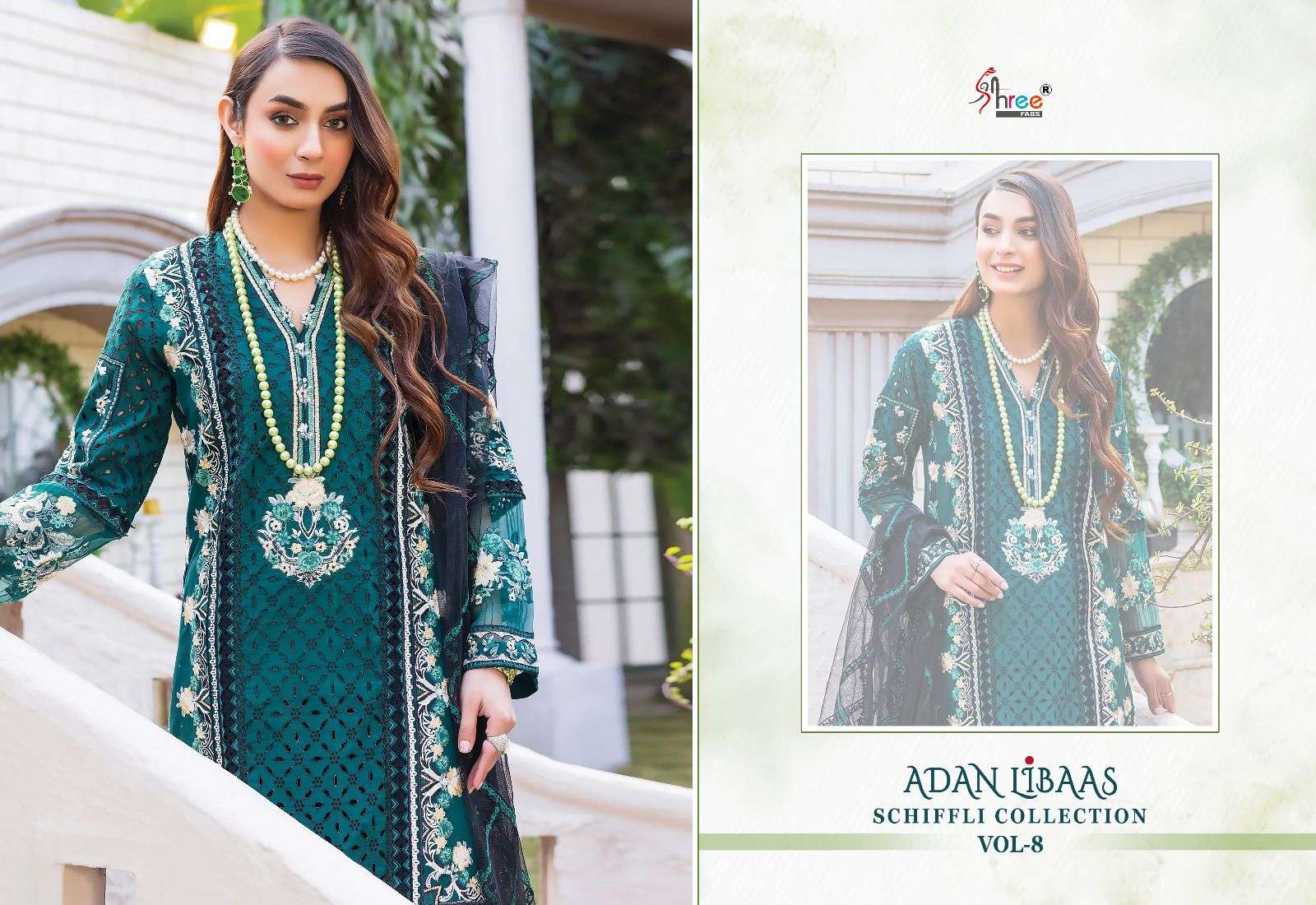 shree fabs adan libaas schiffli collection vol-8 3091-3095 series pure cotton designer pakistani salwar suits catalogue manufacturer surat 