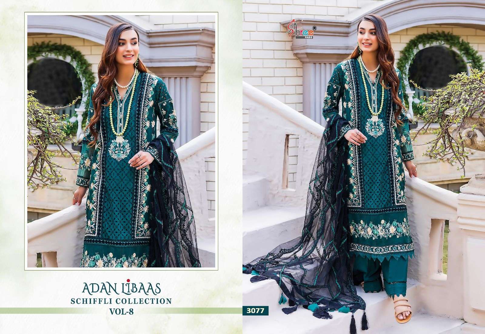 shree fabs adan libaas schiffli collection vol-8 3091-3095 series pure cotton designer pakistani salwar suits catalogue manufacturer surat 