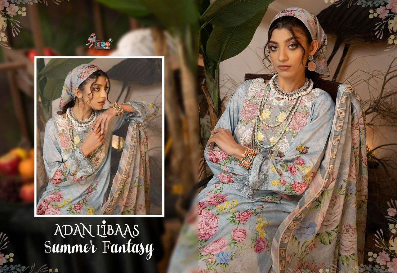 shree fabs adan libaas summer fantasy 3132-3139 series pure cotton exclusive neck embroidered salwar kameez surat