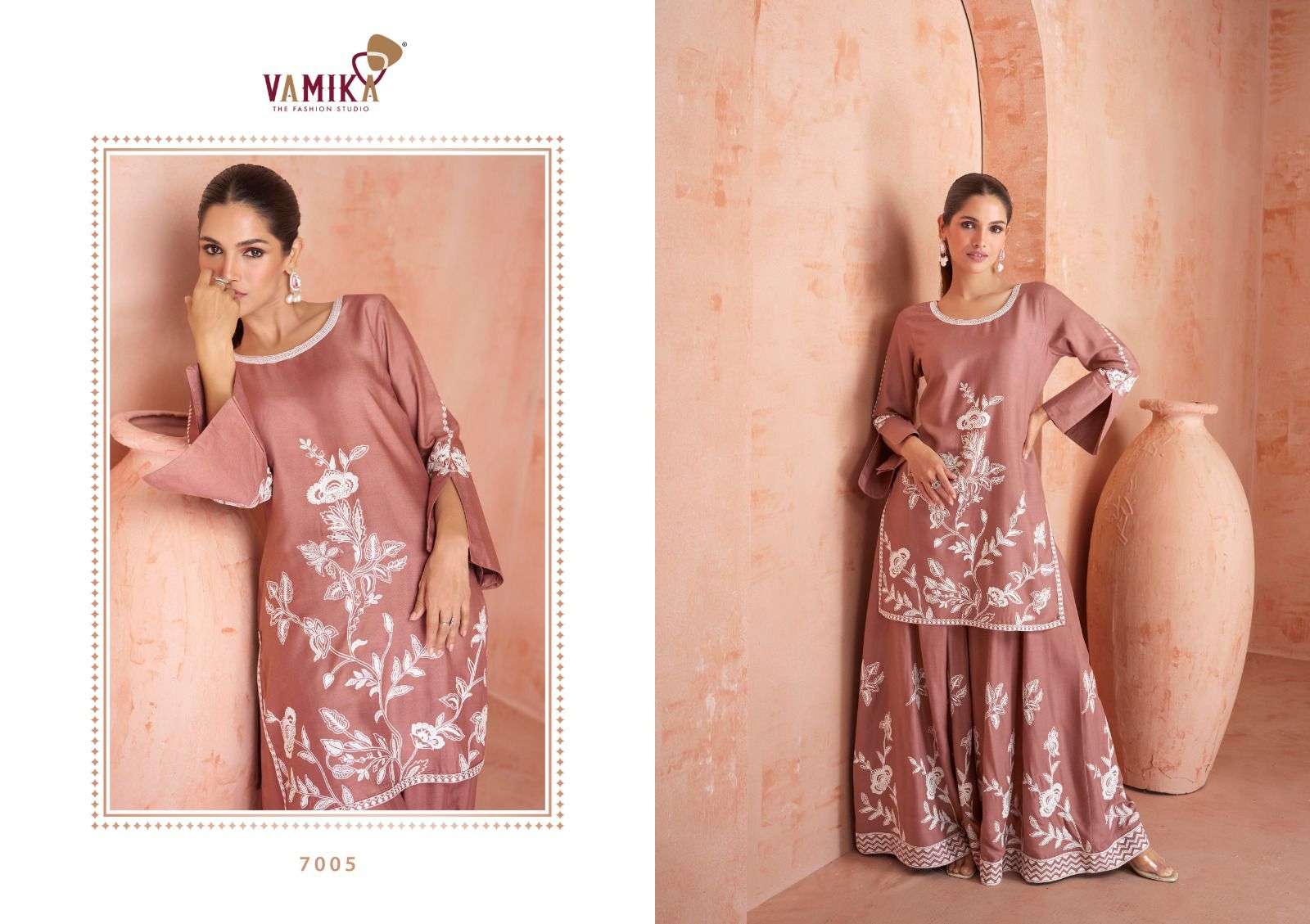 vamika riwaaz vol-1 7001-7005 series rayon designer top bottom latest catalogue wholesaler surat 