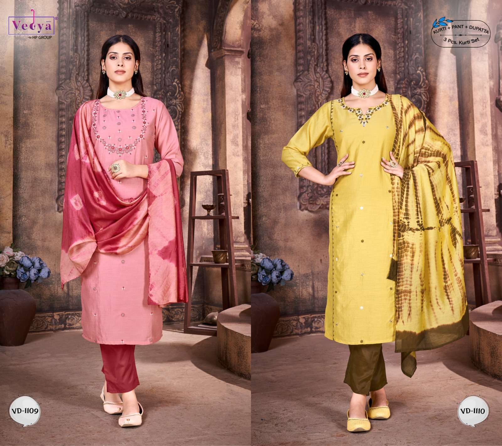 vedya by rinaaz 1105-1110 series chinon silk embroidred stich kurti pant set catalogue wholesaler 