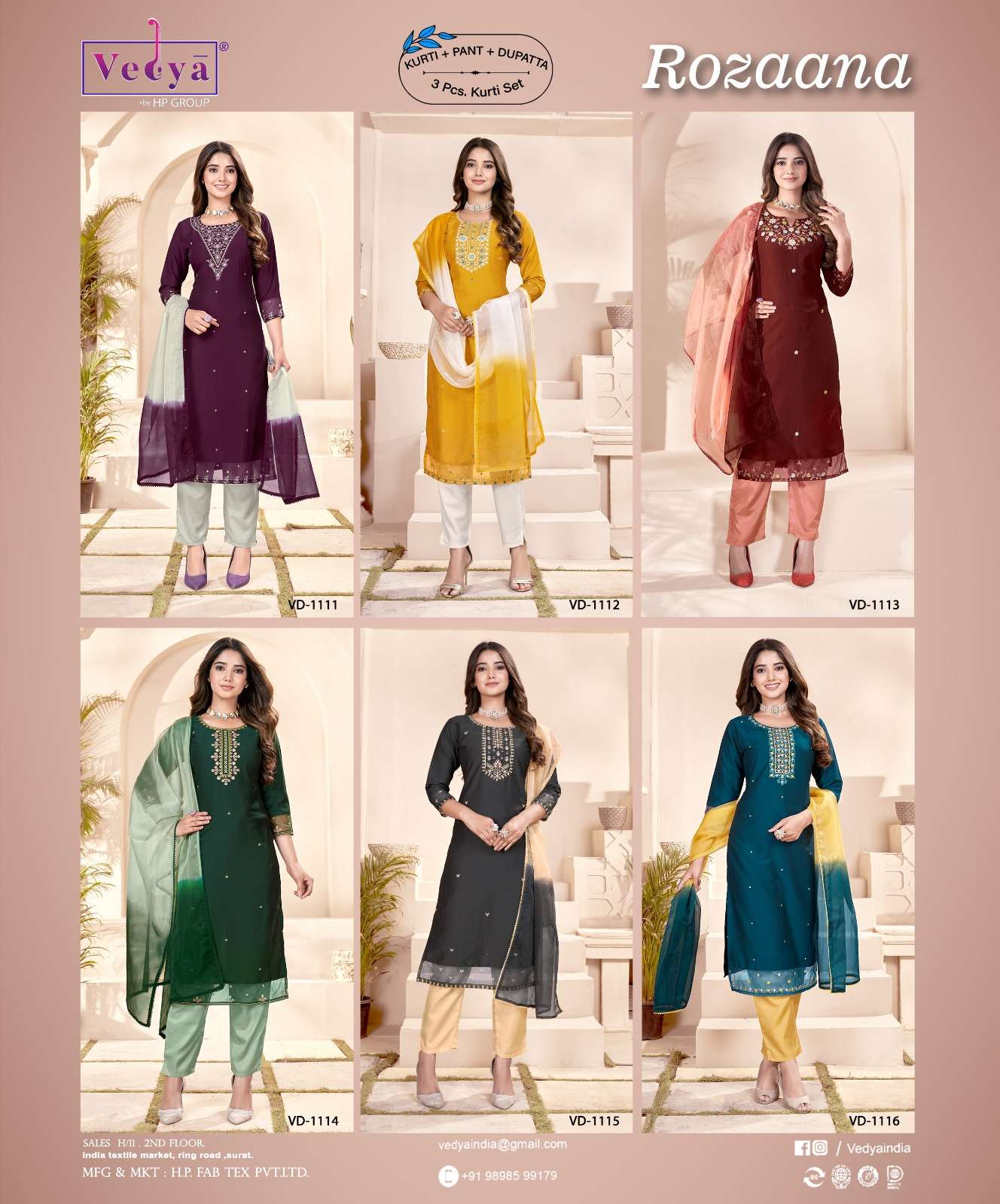 vedya rozaana 1111-1116 series fancy designer kurti pant with dupatta catalogue online supplier surat
