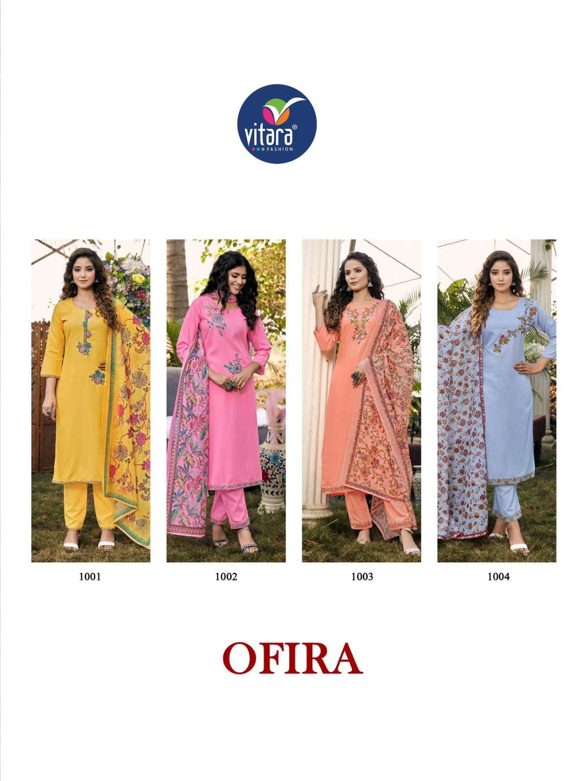vitara fashion ofira 1001-1004 series tesla cotton embroidered kurtis bottom dupatta set surat