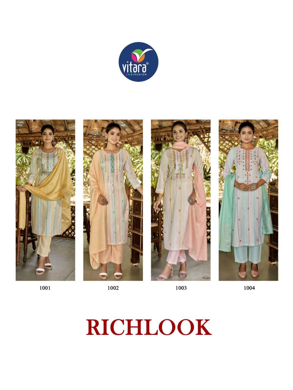 vitara fashion richlook 1001-1004 series exclusive designer kurti pant with dupatta catalogue manufacturer surat 
