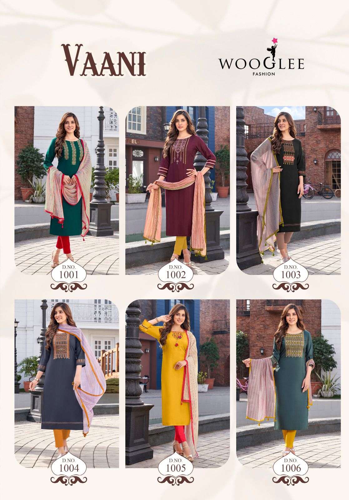 wooglee fashion vaani 1001-1006 series stylish designer kurti pant with dupatta catalogue manufacturer surat