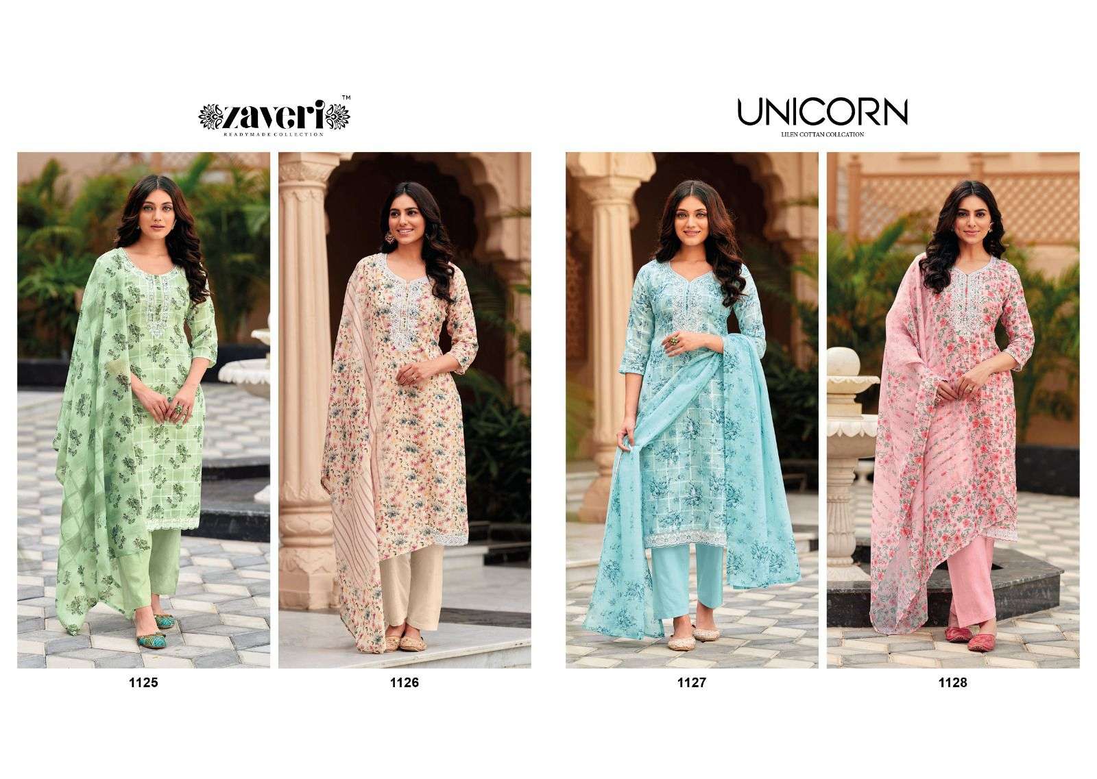zaveri unicorn 1125-1128 series readymade designer salwar suits catalogue online supplier surat 