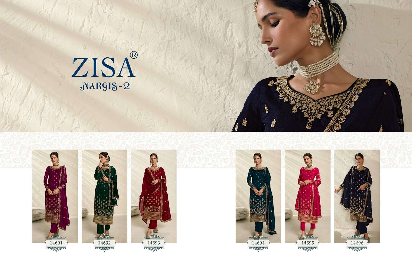 zisa nagris vol-2 14691-14696 series silk georgette designer party wear catalogue collection 2023