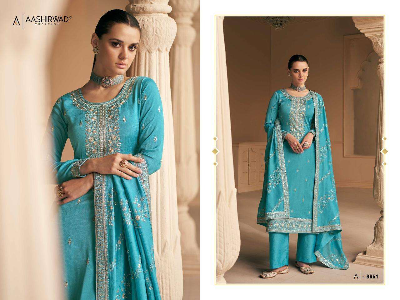 aashirwad creation falak 9650-9654 series premium silk designer party wear drees catalogue manufacturer surat