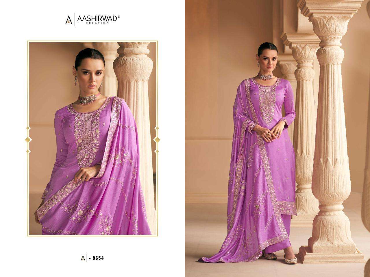 aashirwad creation falak 9650-9654 series premium silk designer party wear drees catalogue manufacturer surat