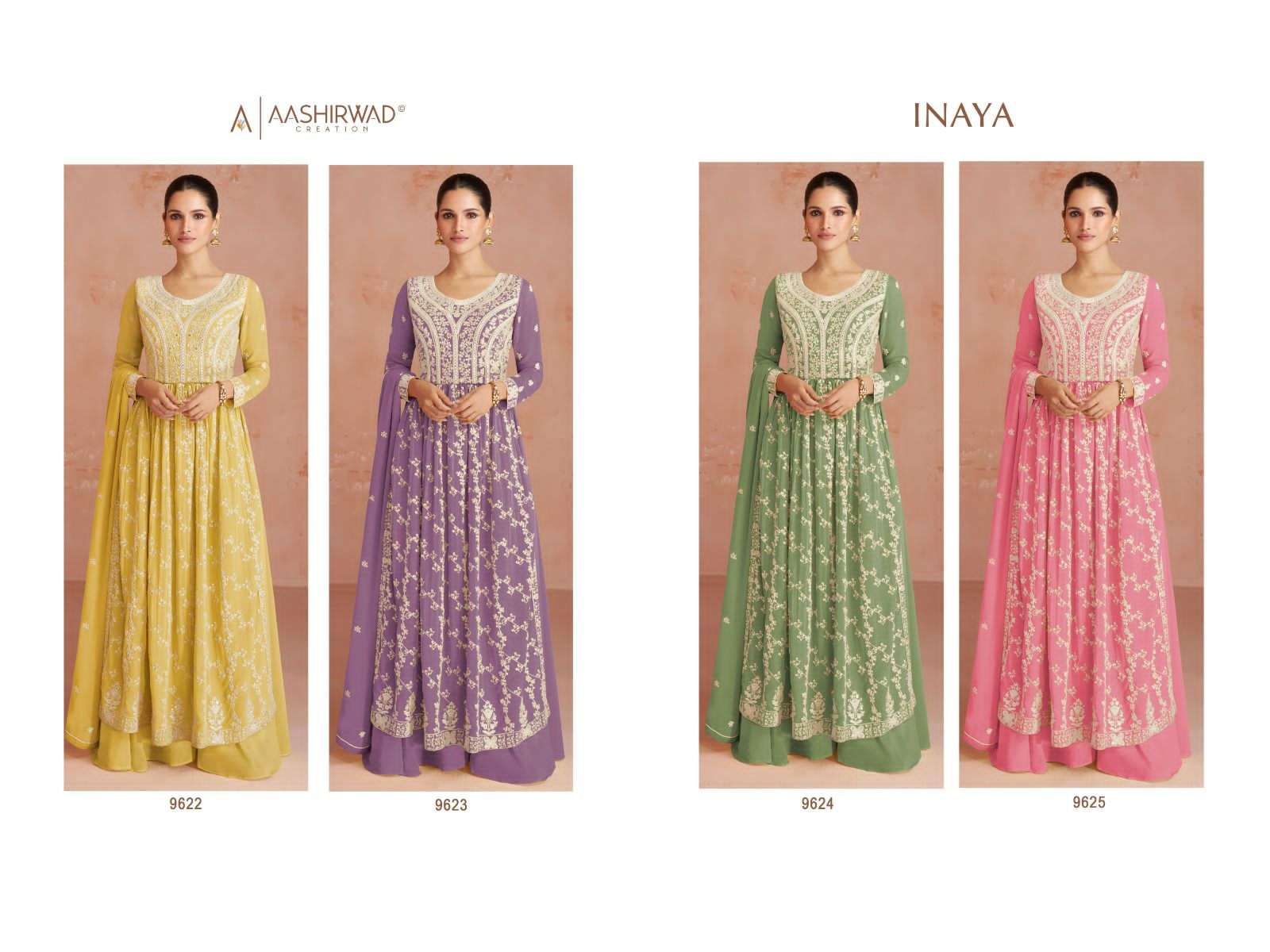 aashirwad creation inaya 9622-9625 series party wear designer top bottom with dupatta new catalogue surat