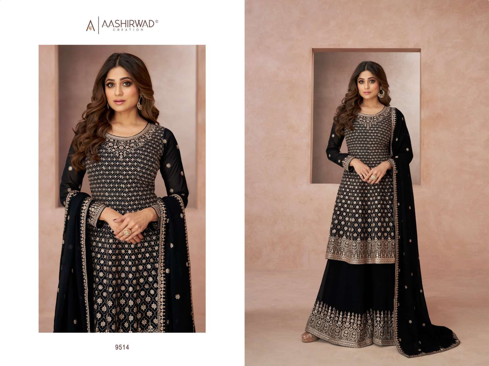aashirwad creation lajjo 9512-9516 series party wear designer dress catalogue online supplier surat