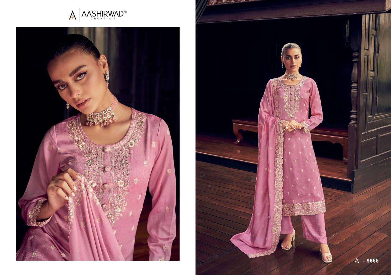 aashirwad creation manya 9655-9658 series premium silk designer top bottom with dupatta latest catalogue surat