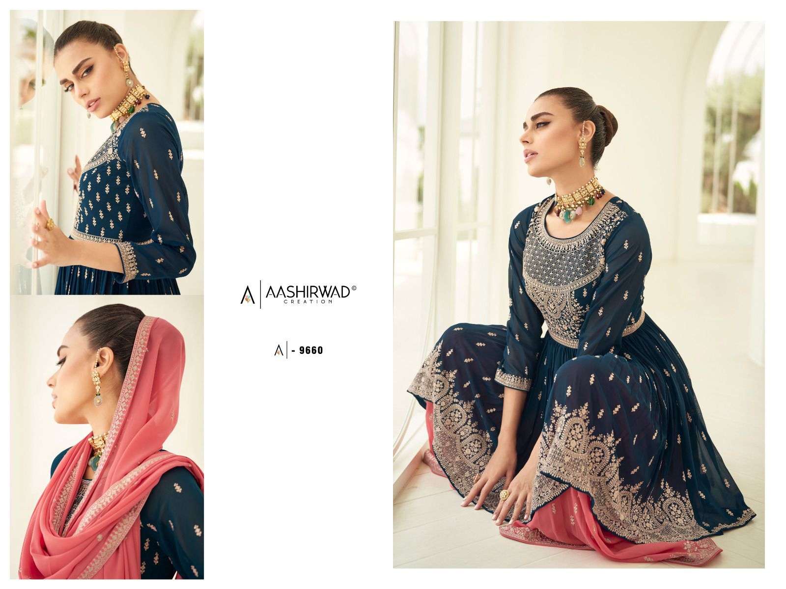 aashirwad creation somya 9659-9663 series real georgette designer party wear salwar suits catalogue design 2023