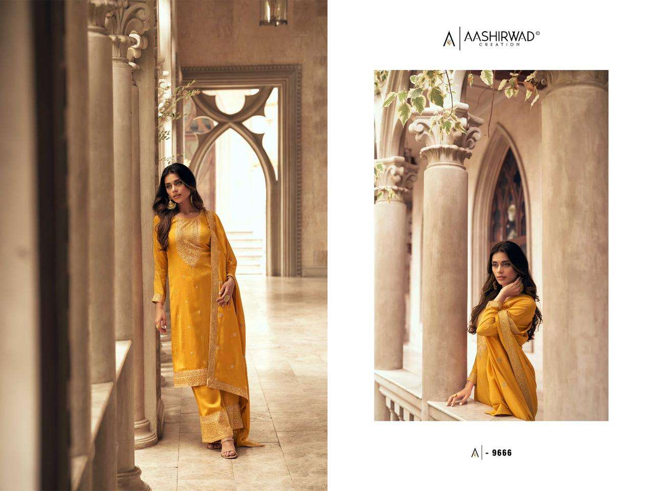 aashirwad creation zeeya 9664-9669 series latest designer salwar suits catalogue manufacturer surat