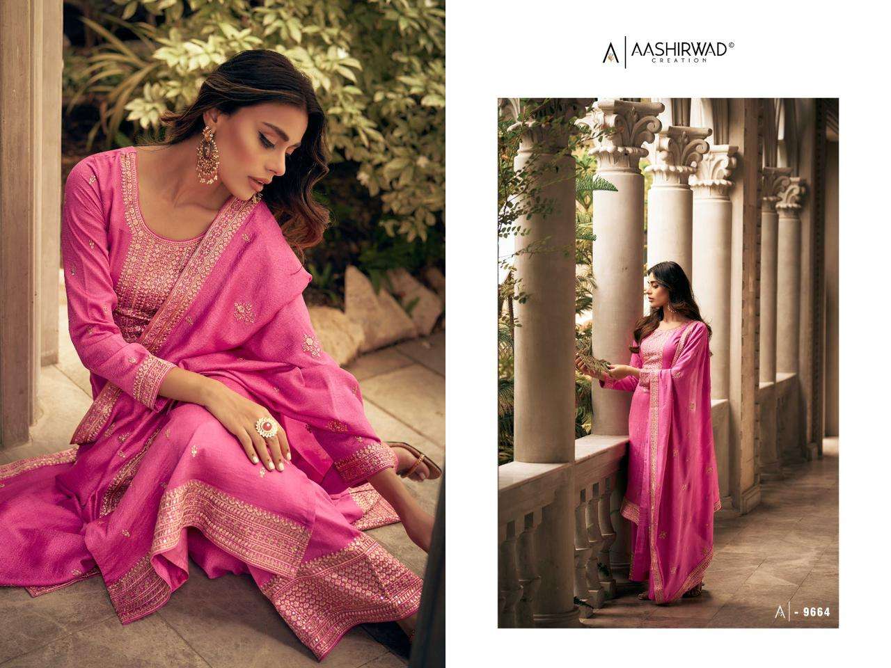 aashirwad creation zeeya 9664-9669 series latest designer salwar suits catalogue manufacturer surat