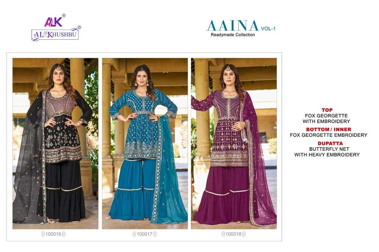 al khushbu aaina vol-1 faux georgette designer readymade salwar suits wholesale price surat