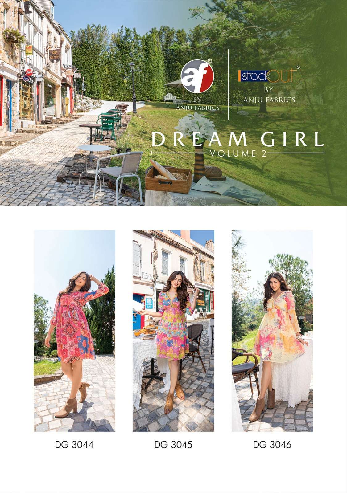 anju fabrics dream girl vol-2 3041-3046 series premium chiffon designer kurtis catalogue collection 2023