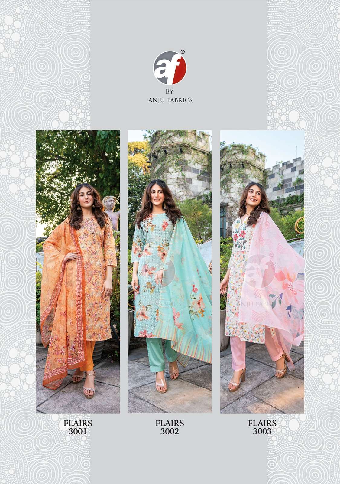 anju fabrics flairs vol-2 3001-3006 series stylish designer kurtis catalogue wholesaler surat