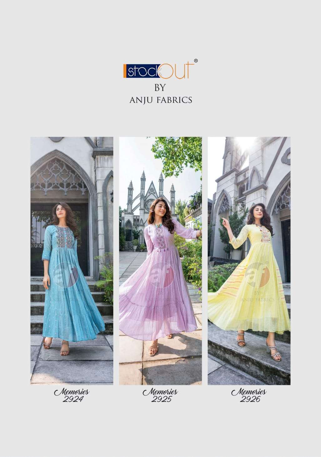 anju fabrics memories vol-4 2921-2926 series mal cotton fabric designer gown latest collection surat