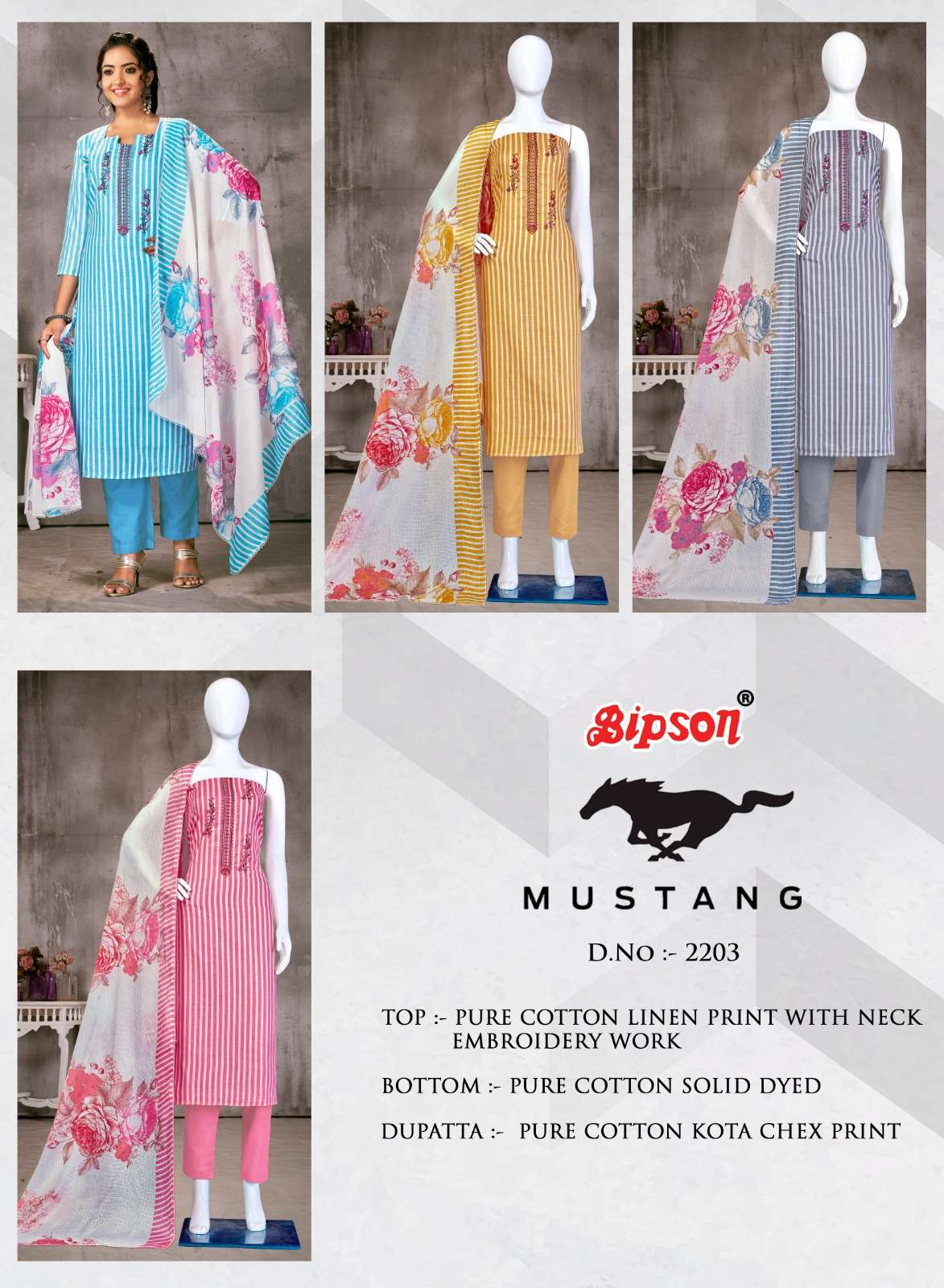 bipson prints mustang 2201 series unstitched designer dress material catalogue surat