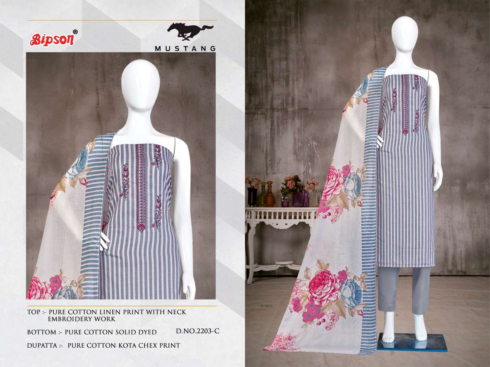 bipson prints mustang 2201 series unstitched designer dress material catalogue surat