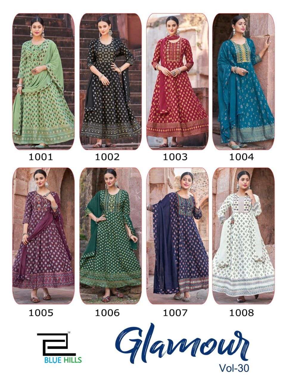 bluehills glamour vol-30 1001-1008 series trendy designer kurtis catalogue online wholesaler surat