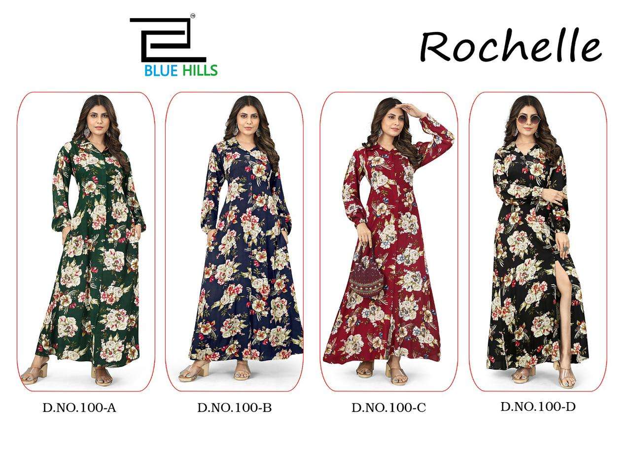 bluehills rochelle 100 series trendy designer long dress catalogue design 2023