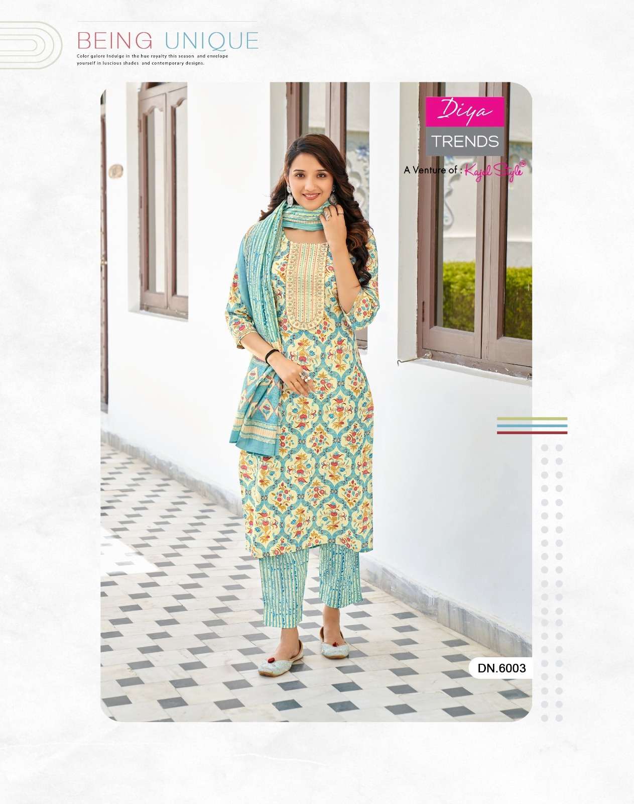 diya trends odhani vol-6 6001-6010 series kurti pant with dupatta catalogue online supplier surat