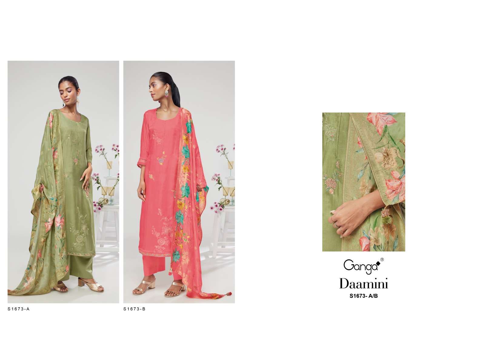 ganga daamini 1673 series stylish designer top bottom with dupatta catalogue wholesaler surat