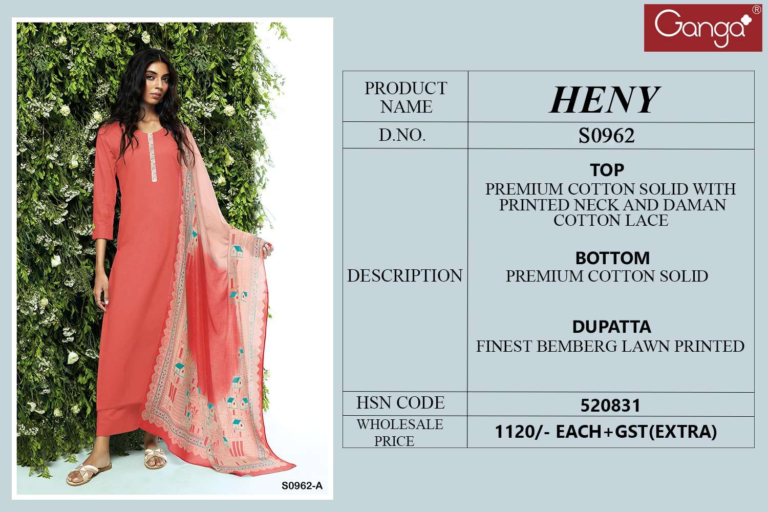 ganga heny 962 series trendy designer top bottom with dupatta catalogue design 2023