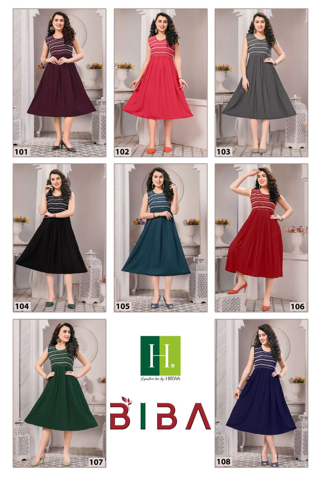 hirwa biba 101-108 series fancy look designer ghera kurtis catalogue manufacturer surat