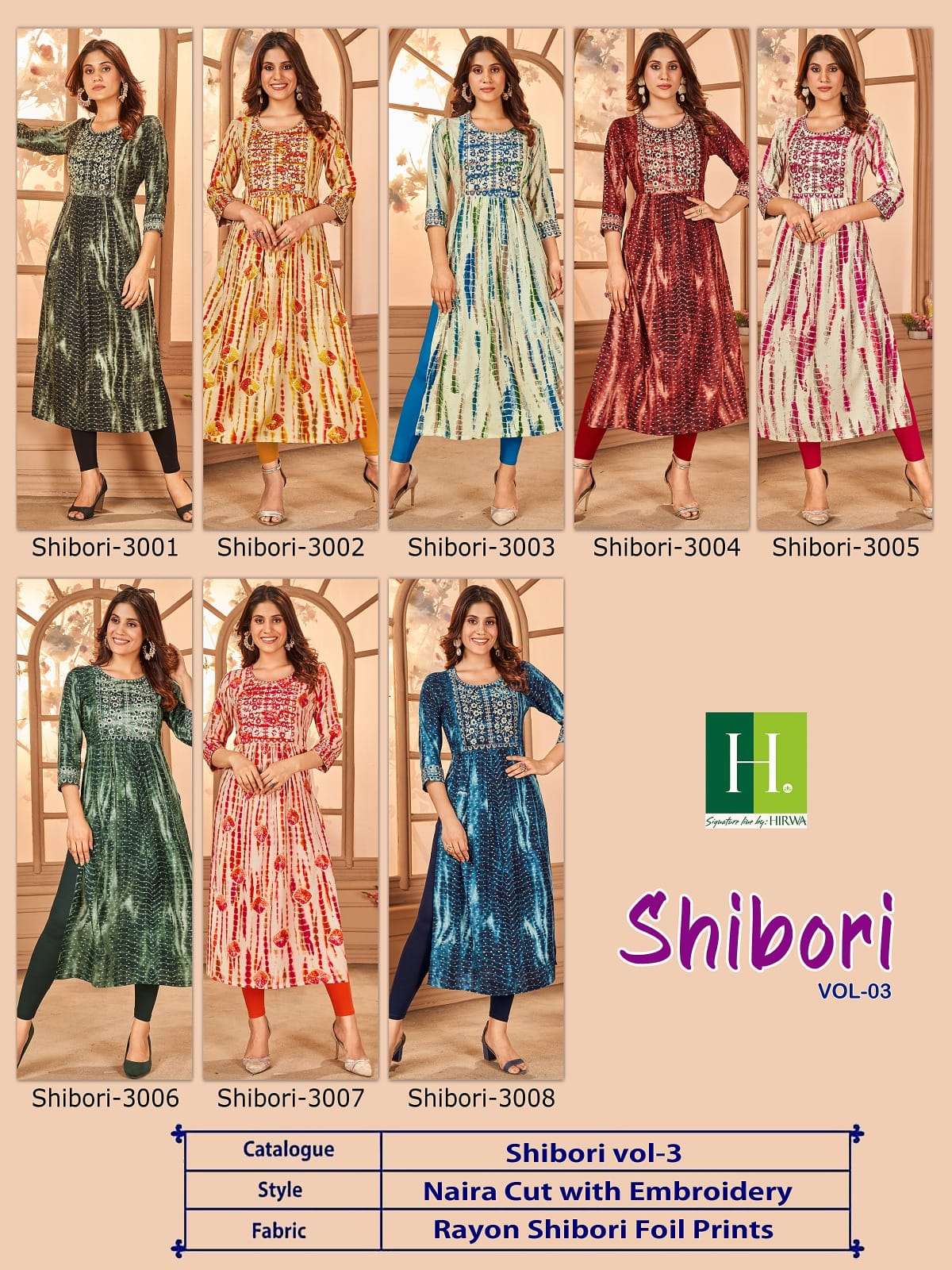hirwa shibori vol-3 3001-3008 series naira cut festive wear kurtis catalogue collection 2023