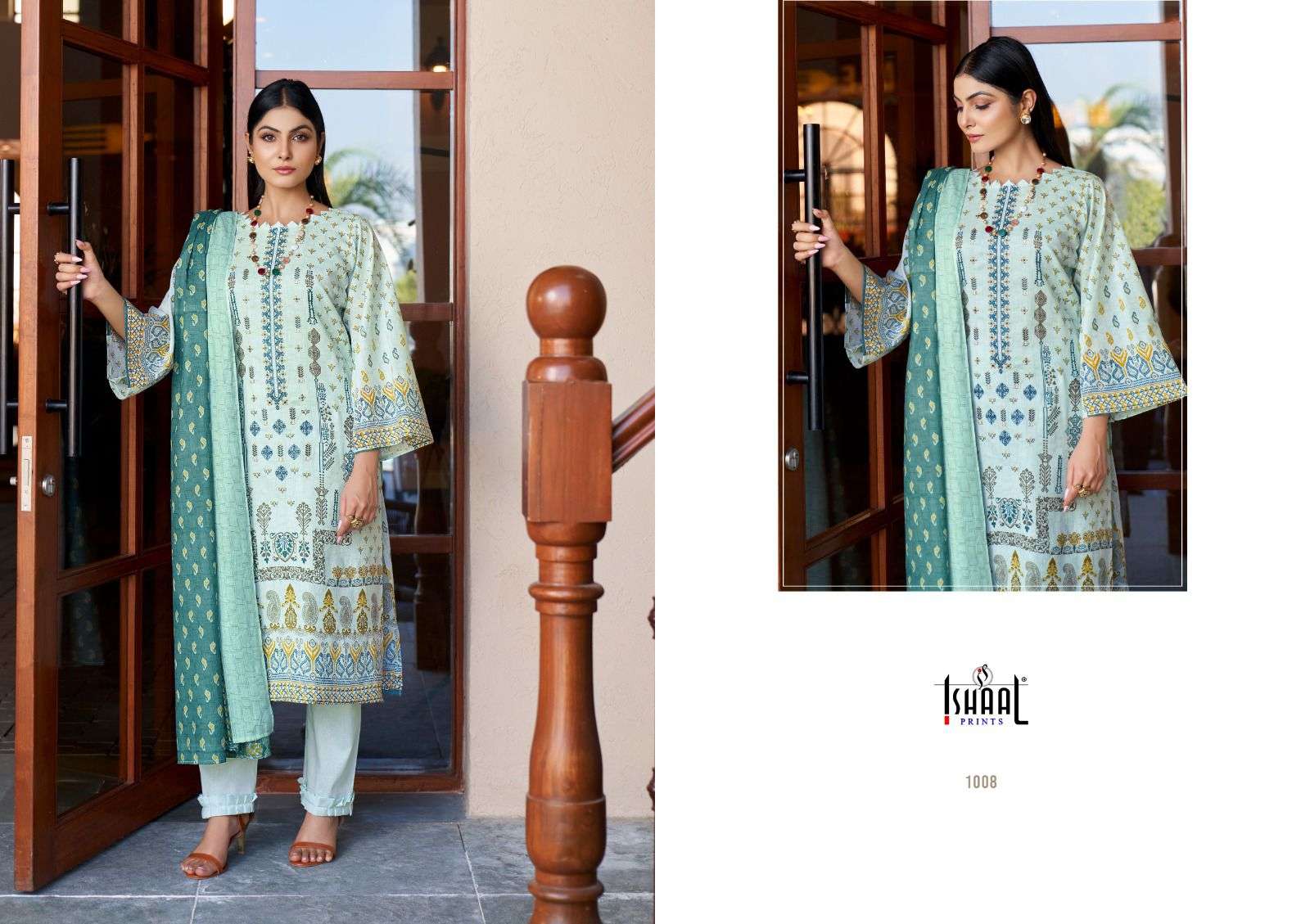ishaal prints embroidered lawn combo 1001-1008 series trendy designer dress material catalogue design surat 