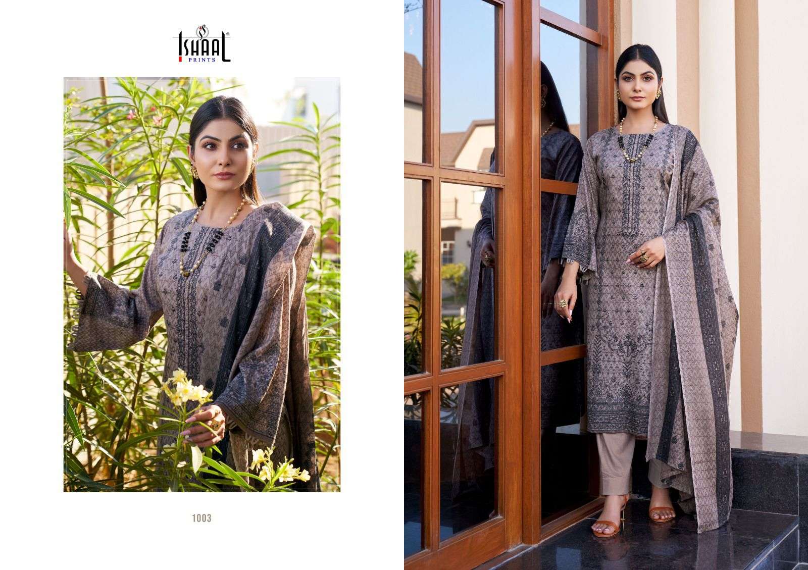 ishaal prints embroidered lawn combo 1001-1008 series trendy designer dress material catalogue design surat 