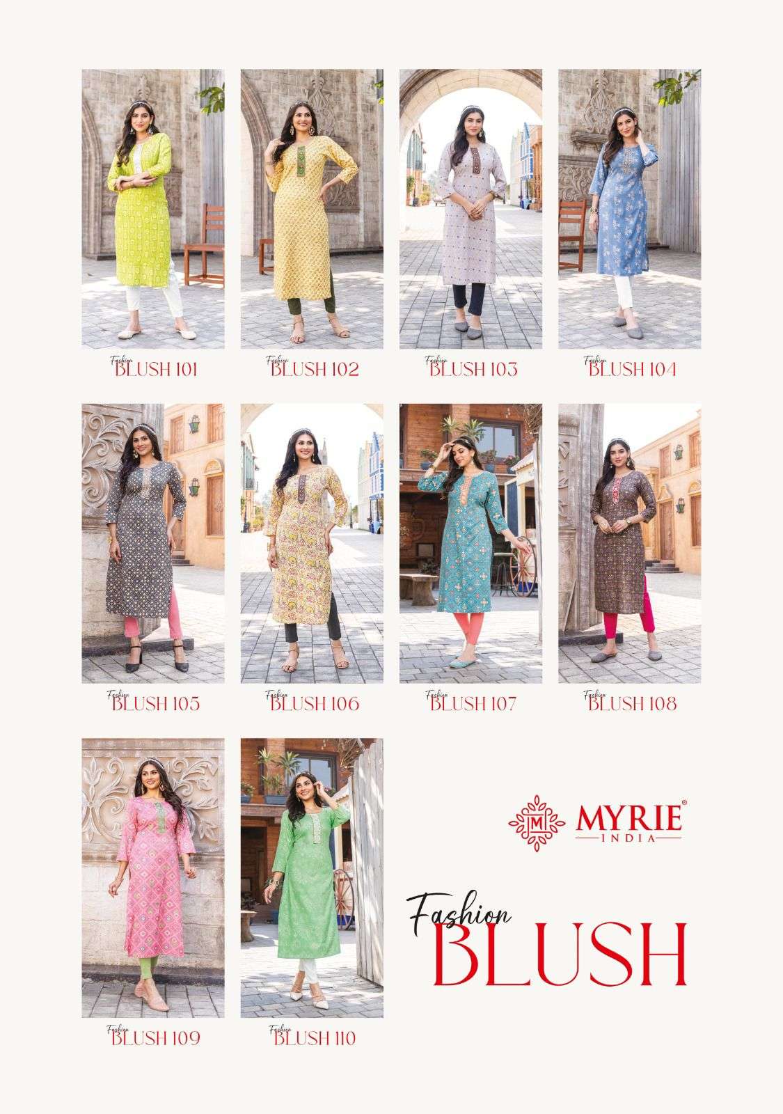 mayrie fashion blush 101-110 series trendy designer kurtis catalogue manufacturer surat