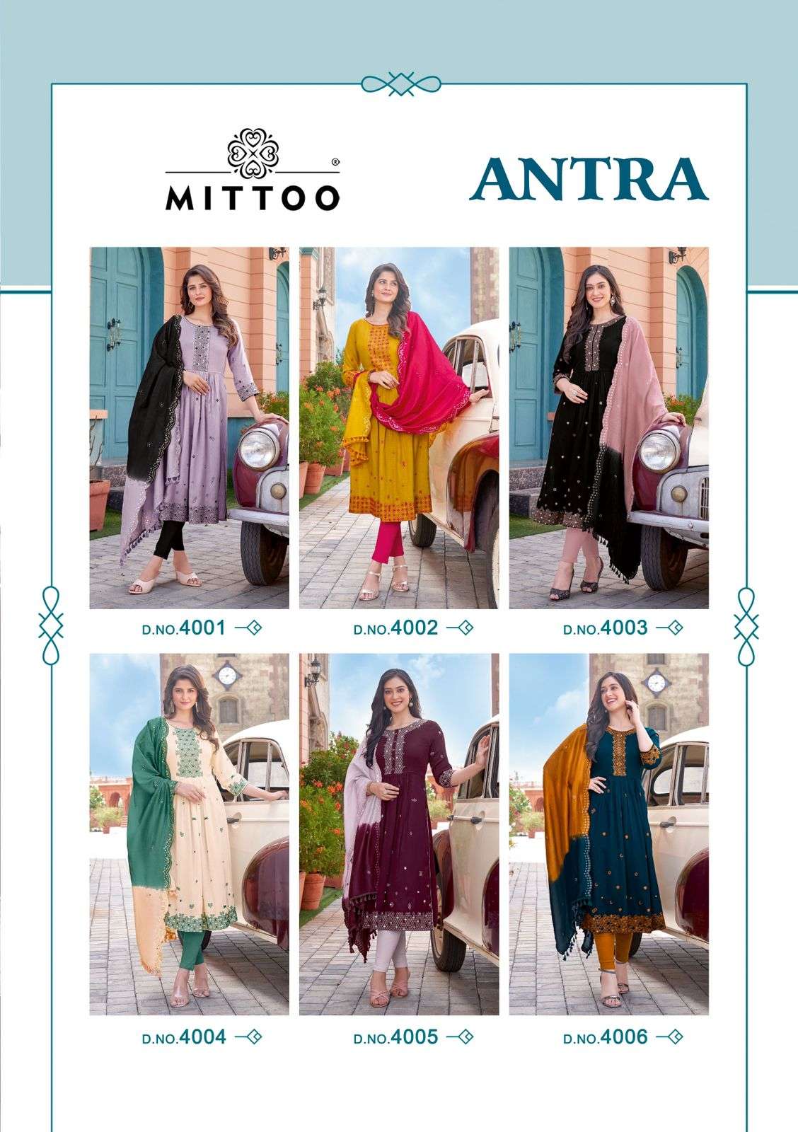 mittoo antra 4001-4006 series trendy designer top bottom with dupatta catalogue design 2023