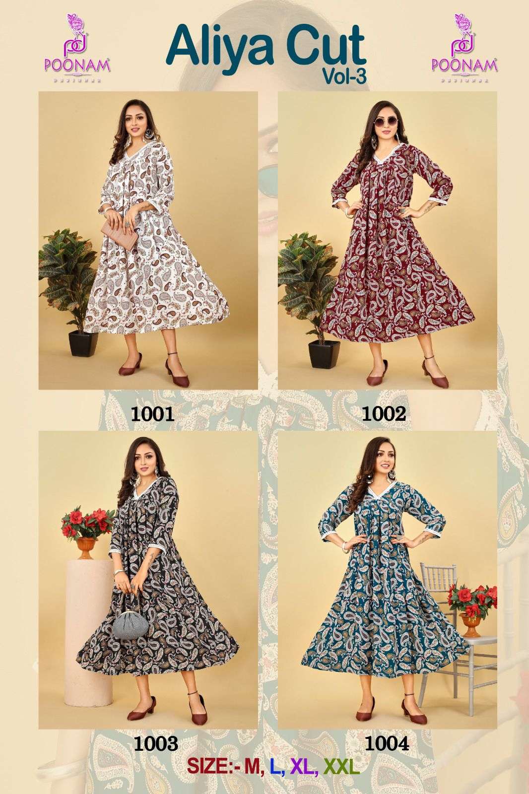 poonam designer aliya cut vol-3 1001-1004 series imported viscose printed rayon fabric aliya cut gown catalogue design 2023