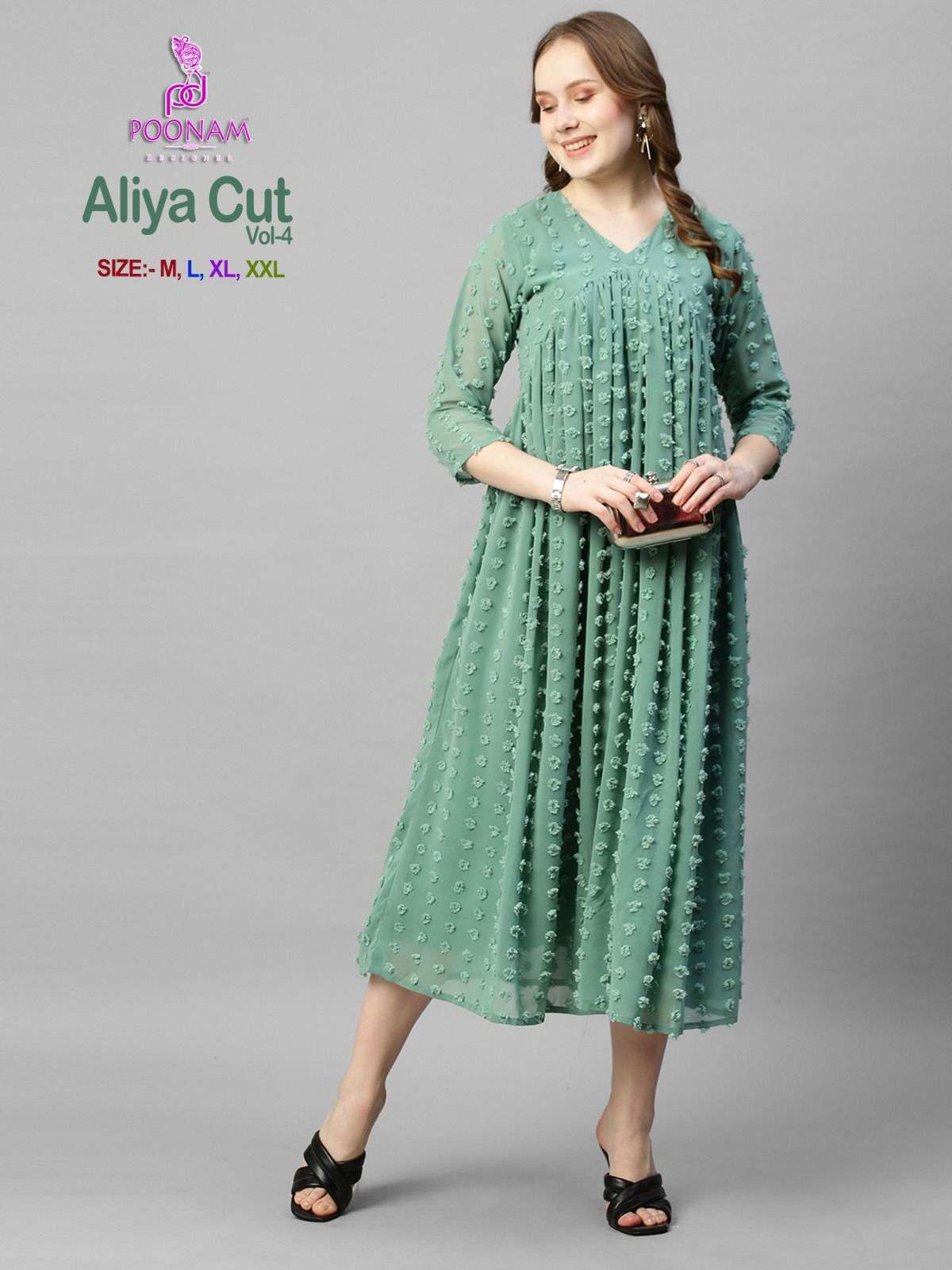 poonam designer aliya cut vol-4 1001-1006 series georgette butti fabric aliya cut gown catalogue design 2023