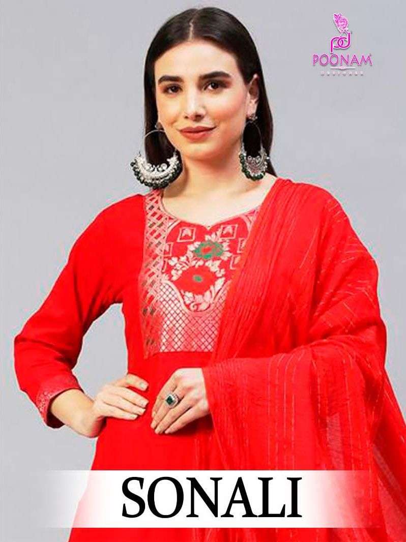 poonam designer sonali 1001-1005 series kurti pant with dupatta catalogue collection surat