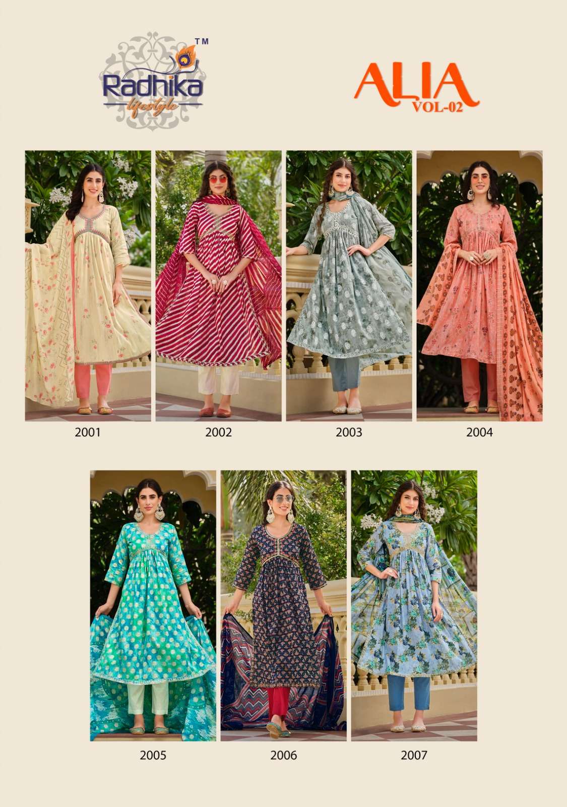 radhika lifestyle alia vol-2 2001-2007 series kurti pant with dupatta catalogue manufacturer surat 