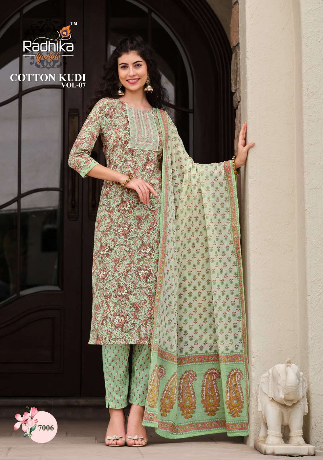 radhika lifestyle cotton kudi vol-7 7001-7008 series trendy look designer kurtis catalogue manufacturer surat
