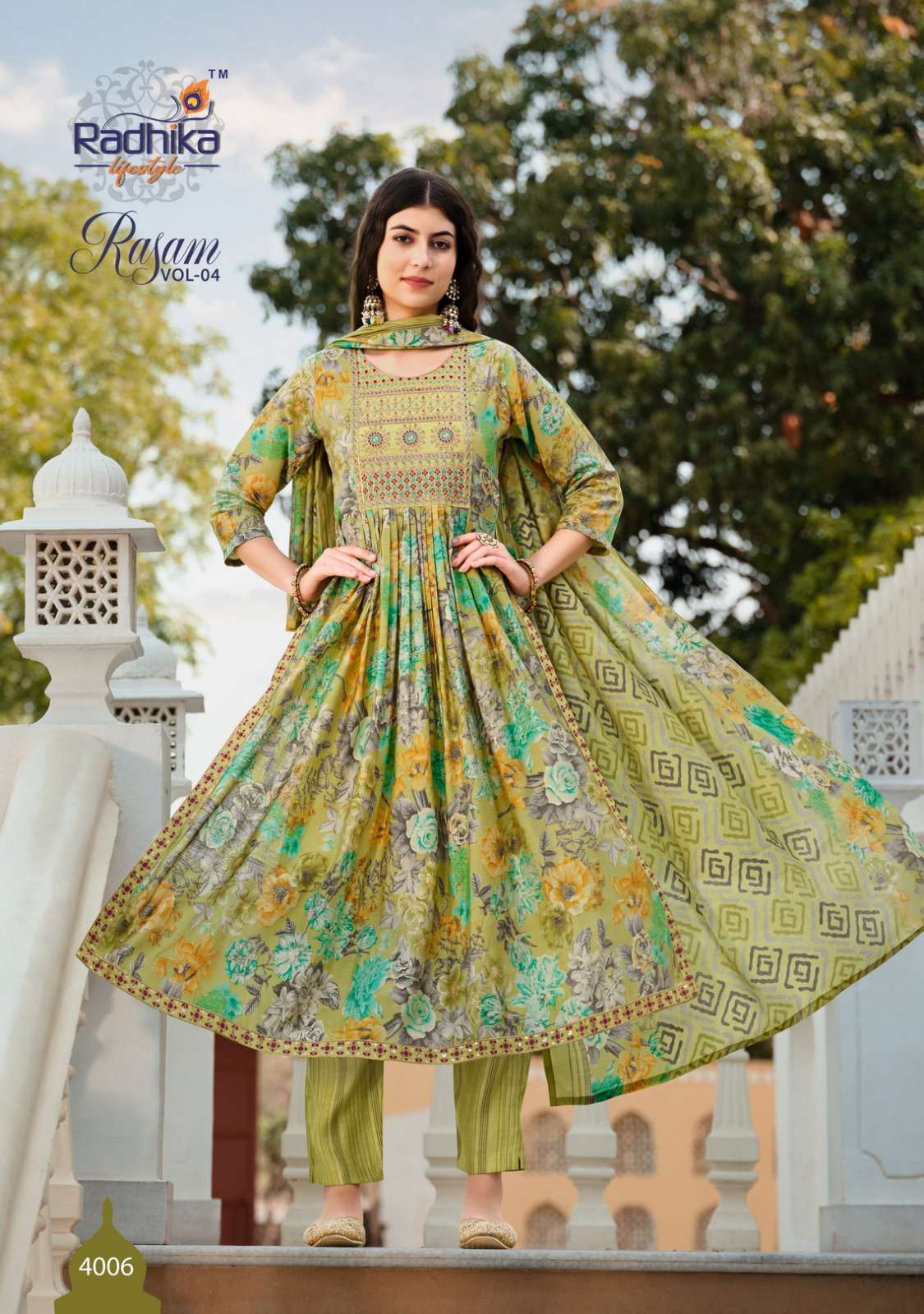 radhika lifestyle rasam vol-4 4001-4008 series nayra cut gown catalogue wholesaler surat